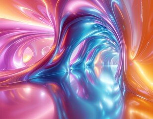 Vibrant Futuristic Abstract Tunnel with Glossy Liquid Surfaces, Neon Lights, and Iridescent Reflections
