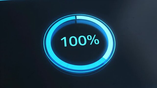 Loading progress indicator glowing blue circular design showing seventy three, three, and eighty five percent completion with digital percentage and circular glowing progress indicator for completion