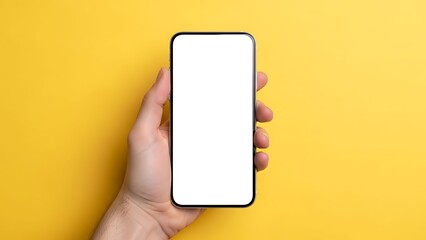 Hand holding smartphone with blank screen on yellow background