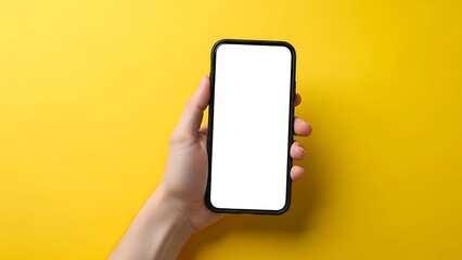 Hand Holding Smartphone with Blank Screen on Yellow Background