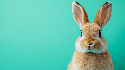 A red rabbit with big ears on a turquoise background. For themes related to pets, spring, nature, care, and positivity.