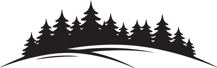 Obraz premium Black silhouette of evergreen trees on a snowy hill