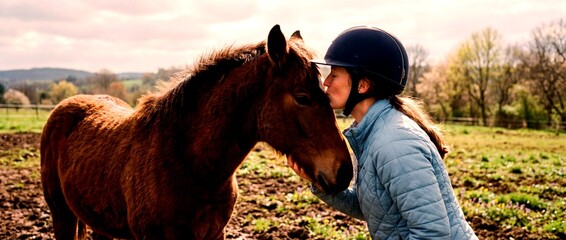 Woman kisses horse in the field during sunny day in spring