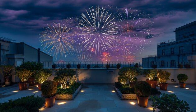 Rooftop garden with potted plants and vibrant fireworks exploding in a dark evening sky with purple and pink hues. - Powered by Adobe