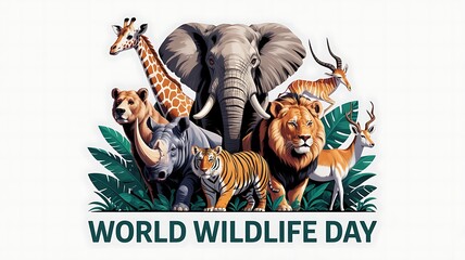 World wildlife day illustration featuring elephant, lion, tiger, giraffe, rhino, and other animals standing together with tropical leaves