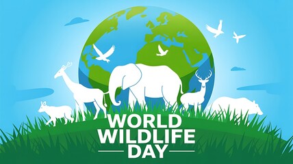 World wildlife day illustration with white animal silhouettes in green grass against a vibrant earth globe promoting global nature conservation