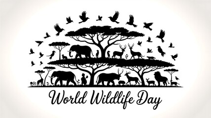 World wildlife day silhouette illustration featuring diverse animals and birds in a forest landscape celebrating global nature conservation