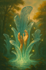 Ethereal Hands and Water Spirit Illustration &ndash; Mystical Forest with Glowing Plants, Luminous Flora, and Dreamlike Fantasy Landscape in Surreal, Magical Realism Style