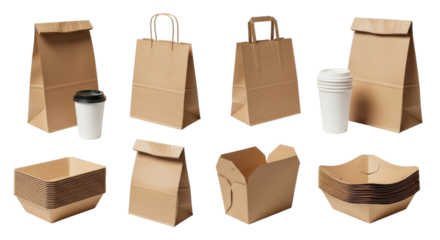 Collection of paper bags and cups transparent background cutout png