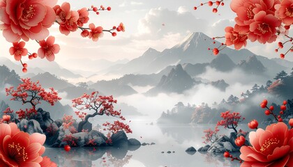 chinese new year celebrations, illustration of traditional china landscape, chinese new year banner