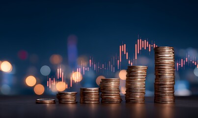 Stacks of coins and a financial graph representing growth and investment