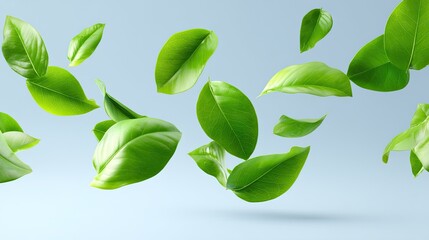 Naklejka premium Vibrant Green Leaves Floating Against a Soft Blue Background Capturing the Essence of Nature and Freshness in a Minimalist Style