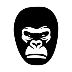 A large gorilla head in the center. Isolated black symbol. Illustration on transparent background