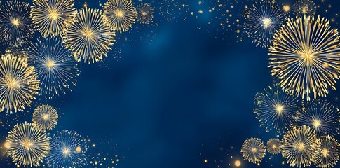 Festive golden fireworks illuminate a dark navy blue background creating a celebratory scene