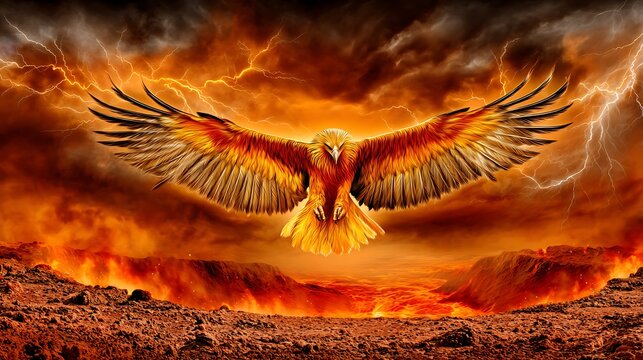 Majestic phoenix rising from fiery landscape mythical creature digital art dramatic environment low angle fantasy theme