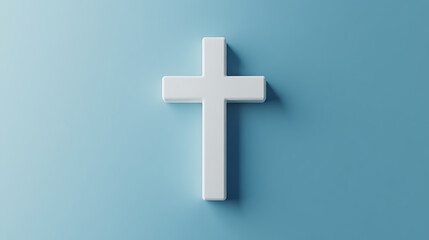 Fototapeta premium A clean, serene image features a minimalist white cross centered against a soft blue backdrop. Its simple form and calming color create a sense of peace and reverence.
