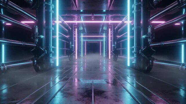  glowing neon pipes in a futuristic sci-fi corridor, transparent energy tubes, cyberpunk 