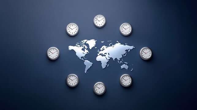 Elegant wall clocks arranged around a world map on a dark background, symbolizing global time zones and international coordination in modern society