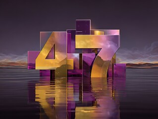 Abstract 3d rendering of the number 47 floating on reflective water