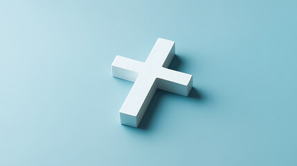 Obraz premium Minimalist image of a white cross on a serene blue background, symbolizing faith and simplicity. The clean lines and calming colors evoke peace and reflection.
