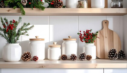 Festive Christmas kitchen canisters and natural decor arranged on wooden shelves for holiday home styling