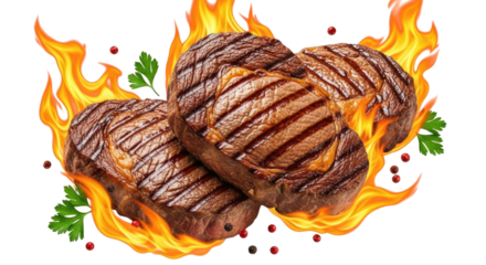 Grilled steak with flames transparent background cutout png