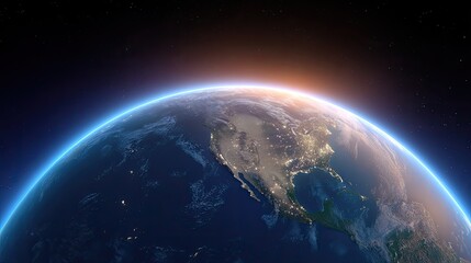 Fototapeta premium Stunning View of Planet Earth with Illuminated Cities at Night and a Glowing Atmosphere Captured from Space with Starry Background
