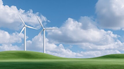 Fototapeta premium Two White Wind Turbines on Green Hills Under Bright Blue Sky with Fluffy Clouds and Sunlight Shining Through for Renewable Energy Concept