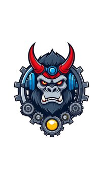 A fierce primate with horns, headset, and gears. Cartoon style illustration against white