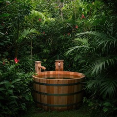 A rustic wooden soaking tub nestled deeply in dense green tropical jungle foliage and flowering plants, offering tranquil relaxation ,luxury ,jungle ,spa