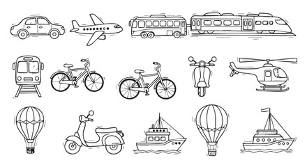 Obraz premium Diverse transportation doodle set featuring various vehicles and travel options