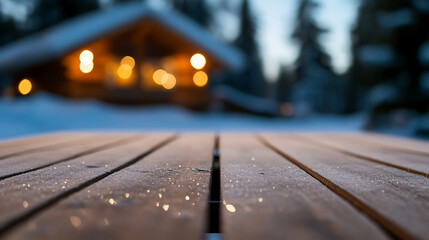 Experience winter's embrace: a snow-kissed wooden surface, blurring into a cozy cabin and frosted forest, bathed in soft, ambient light. A serene escape.