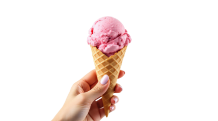 Pink ice cream in a waffle cone held by a manicured hand isolated on white background