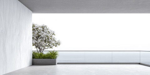 Obraz premium Modern balcony view with white flowers and ocean backdrop in bright daylight