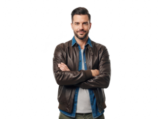 A confident man wearing a leather jacket and denim shirt, arms crossed, isolated on transparent background