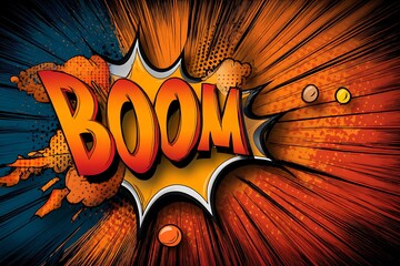 Dynamic action scene featuring comic style boom explosion graphic art vibrant colors digital artwork eye-catching design