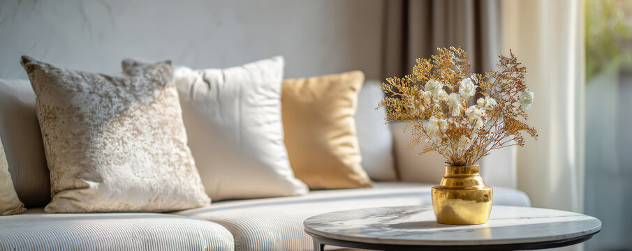 Soft decorative pillows in neutral tones on cozy sofa with golden vase of dried flowers on round marble table, warm light