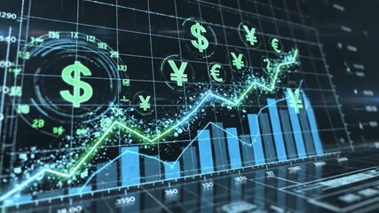 Financial currency chart with glowing graph line and digital data visualization showing economic growth, market trend, and futuristic analysis of financial graph and digital economy growth chart - Powered by Adobe
