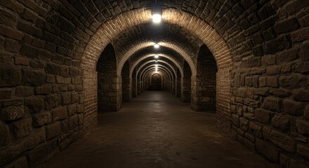 Fototapeta premium Atmospheric, ancient underground vault cellar constructed of rugged stone and arched brickwork, used for cool, dark storage ,texture ,subterranean ,brick