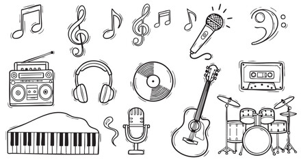 Obraz premium Hand drawn music doodles set with musical instruments illustration black and white