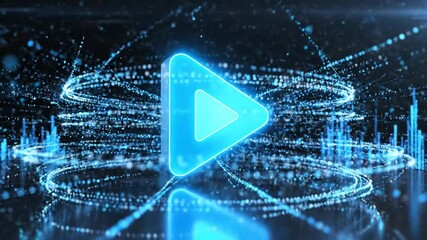 Abstract Digital Play Button Animation with Futuristic Particle Effects and Glowing Elements - Powered by Adobe