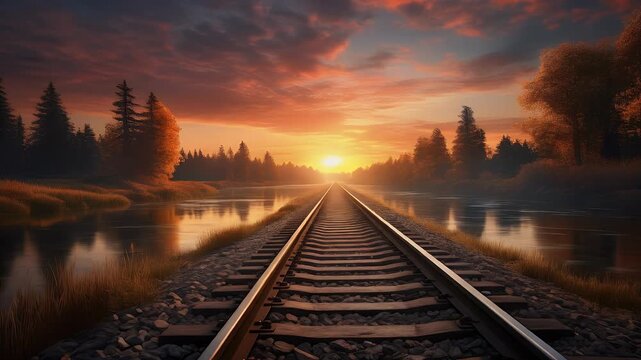 Scenic Railroad Tracks Leading to Golden Sunset Over Calm Water Landscape