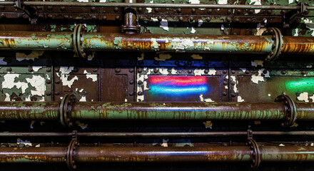Naklejka premium Industrial grunge pipes with peeling paint and colorful reflection in a dark, textured background. (90 characters)