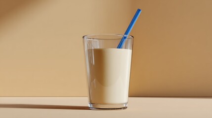 A large glass filled with creamy, transparent latte milk catches the light beautifully. A bright blue straw adds a playful touch, making it inviting to enjoy a refreshing drink