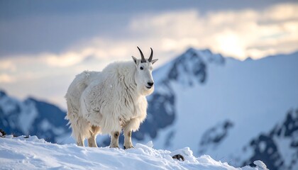 Fototapeta premium A majestic mountain goat surveys its snowy alpine domain, with rugged peaks in the distance