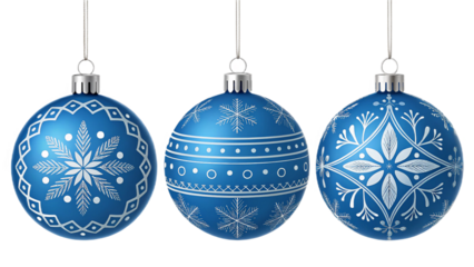 Three blue Christmas ornaments isolated on transparent background