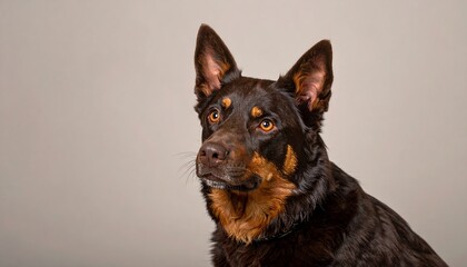 A regal canine gazes pensively. Deep brown fur and alert eyes against a neutral backdrop