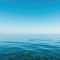 Ethereal oceanic vista showcasing incredibly clear deep blue water blending seamlessly with the vast horizon under subtle heavenly light rays ,blue ,ethereal ,tranquil
