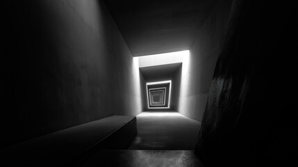 Concrete Tunnel Interior Receding to Light, Minimalist Monochrome Depth for Architectural and Conceptual Visuals