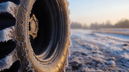 A tractor wheel stands dusted with frost, set against a frosty field and distant trees on a clear winter morning. The scene invokes a sense of serene rural tranquility.